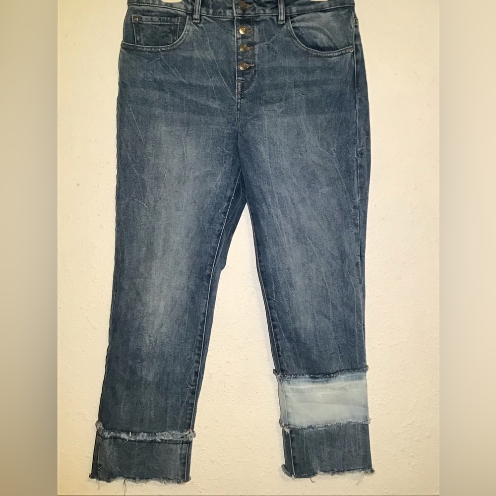 DL1961 Patti High Rise Straight Leg Jeans Patched Hem Exposed Button Fly Size 29